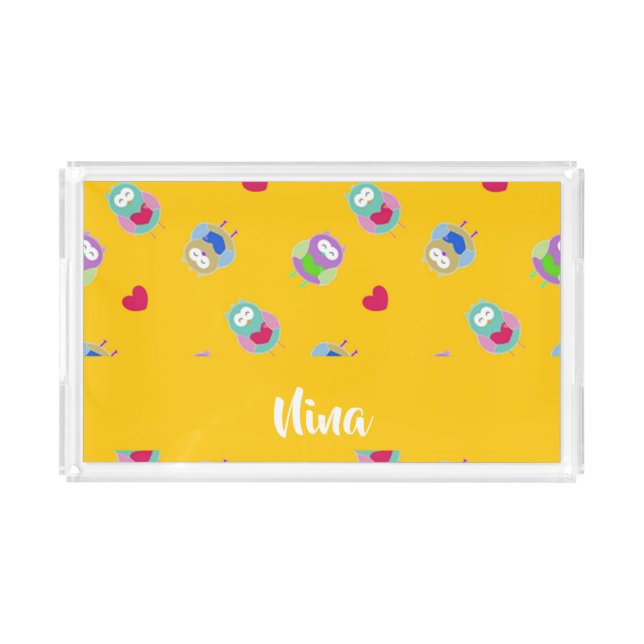 Owls with hearts on orange acrylic tray (Front)