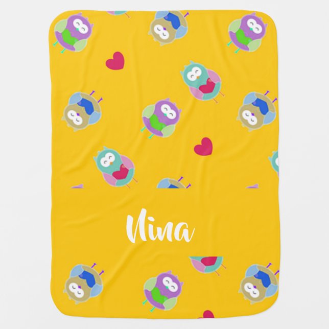Owls with hearts on orange baby blanket (Front)