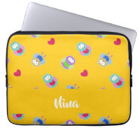 Owls with hearts on orange laptop sleeve