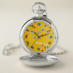Owls with hearts on orange pocket watch