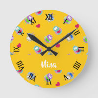 Owls with hearts on orange round clock