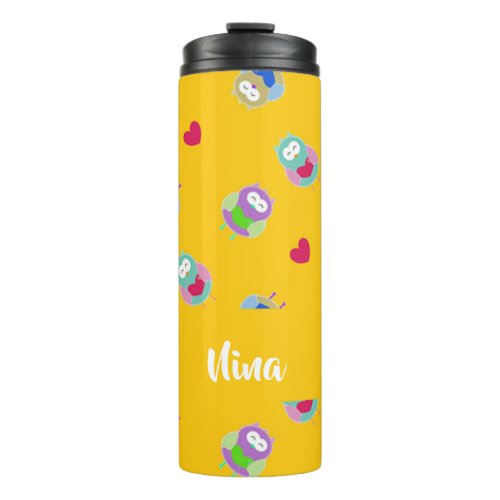 Owls with hearts on orange thermal tumbler