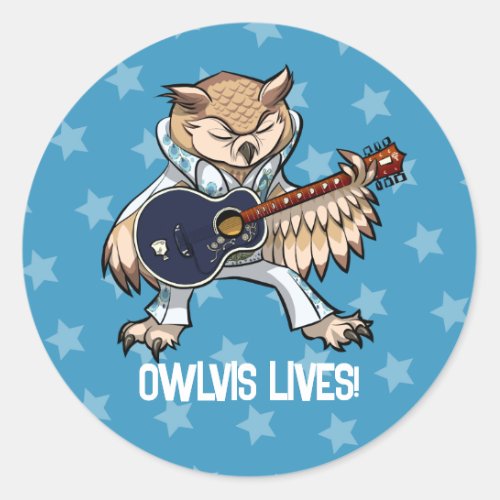 Owlvis Lives Guitar Owl in Jumpsuit Cartoon Classic Round Sticker