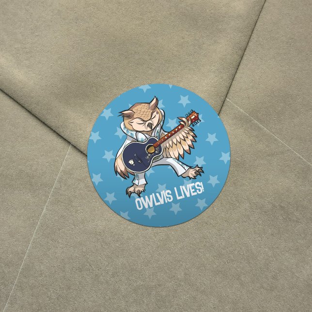 Owlvis Lives! Guitar Owl in Jumpsuit Cartoon Classic Round Sticker (Creator Uploaded)