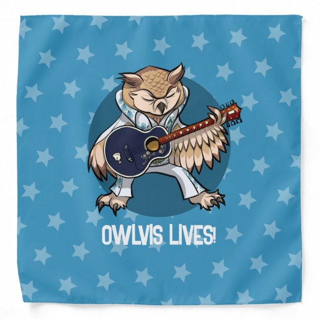 Owlvis Lives! Rock Guitar Owl in Jumpsuit Cartoon Bandana (Front)