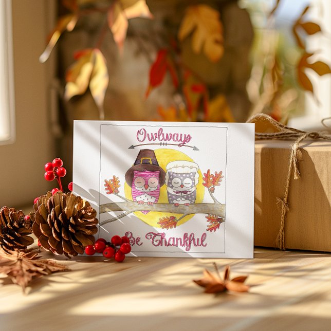 Owlways Be Thankful Pilgrim Owls Thanksgiving Holiday Card (Creator Uploaded)