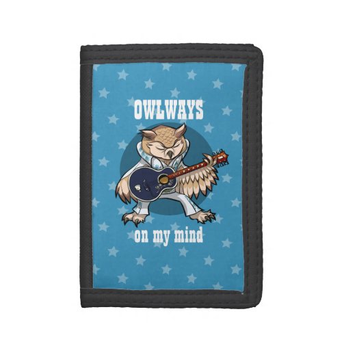 Owlways On My Mind Guitar Owl in Jumpsuit Cartoon Trifold Wallet