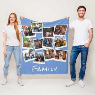 Own Family Photos Frame Collage Blue Custom Color Fleece Blanket