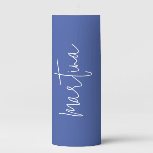Own Name Blue Elegant Plain Simple Calligraphy Pillar Candle