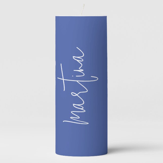 Own Name Blue Elegant Plain Simple Calligraphy Pillar Candle (Front)