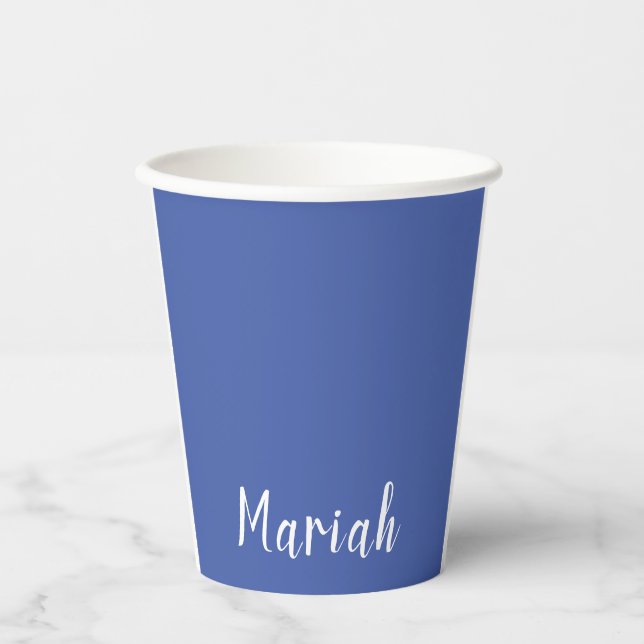 Own Name Minimalist Plain Calligraphy Script Blue Paper Cups (Front)