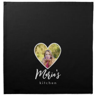 Own Photo in Black Heart Frame Modern Calligraphy Cloth Napkin