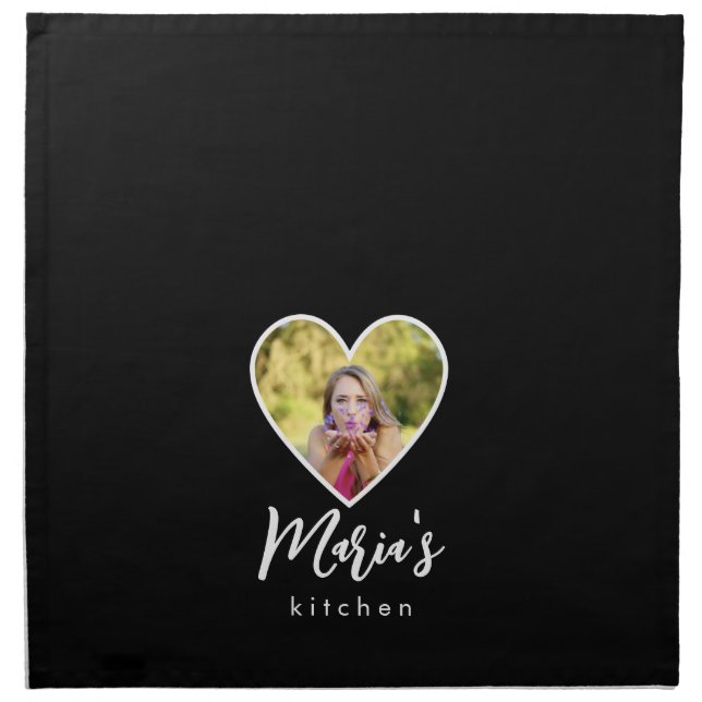 Own Photo in Black Heart Frame Modern Calligraphy Cloth Napkin (Front)