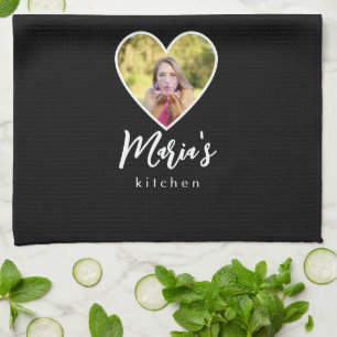 Own Photo in Black Heart Frame Modern Calligraphy Kitchen Towel