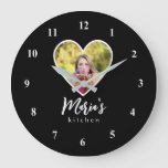 Own Photo in Black Heart Frame Modern Calligraphy Large Clock