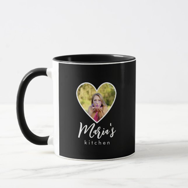 Own Photo in Black Heart Frame Modern Calligraphy Mug (Left)