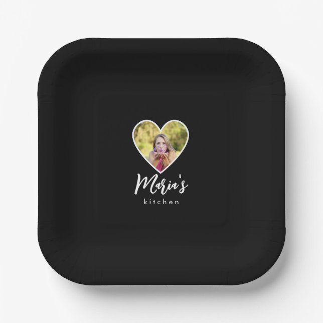 Own Photo in Black Heart Frame Modern Calligraphy Paper Plates (Front)