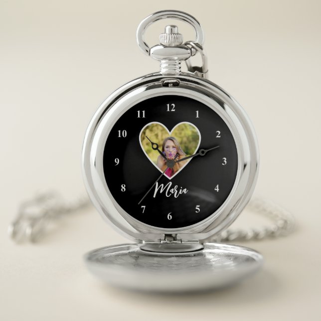 Own Photo in Black Heart Frame Modern Calligraphy Pocket Watch (Inside)
