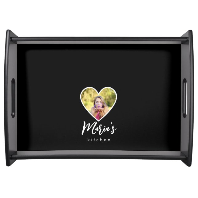 Own Photo in Black Heart Frame Modern Calligraphy Serving Tray (Front)