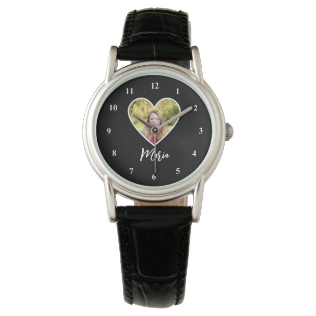 Own Photo in Black Heart Frame Modern Calligraphy Watch (Front)