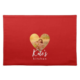Own Photo Red Heart Frame Modern Calligraphy Cloth Placemat