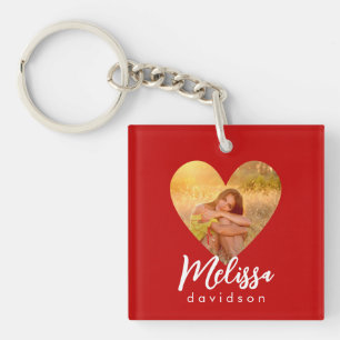 Own Photo Red Heart Frame Modern Calligraphy Keychain
