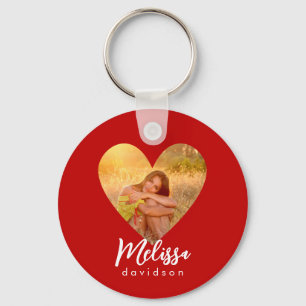 Own Photo Red Heart Frame Modern Calligraphy Keychain