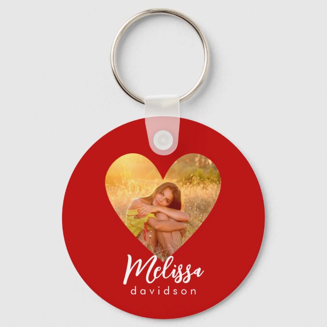 Own Photo Red Heart Frame Modern Calligraphy Keychain (Front)