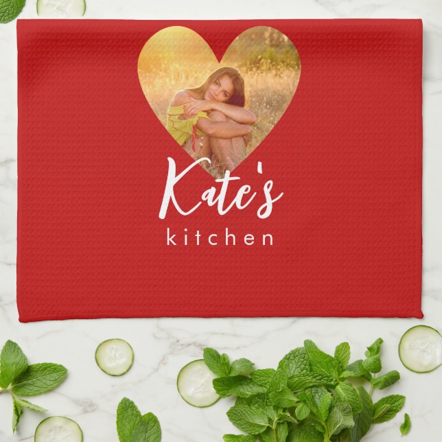 Own Photo Red Heart Frame Modern Calligraphy Kitchen Towel (Folded)