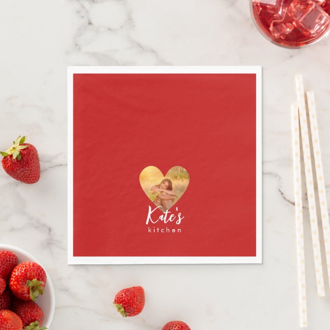 Own Photo Red Heart Frame Modern Calligraphy Napkins (Insitu)