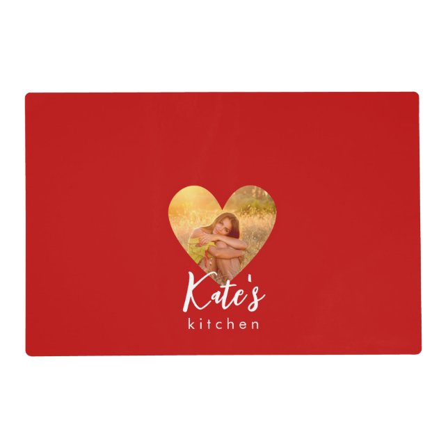 Own Photo Red Heart Frame Modern Calligraphy Placemat (Front)