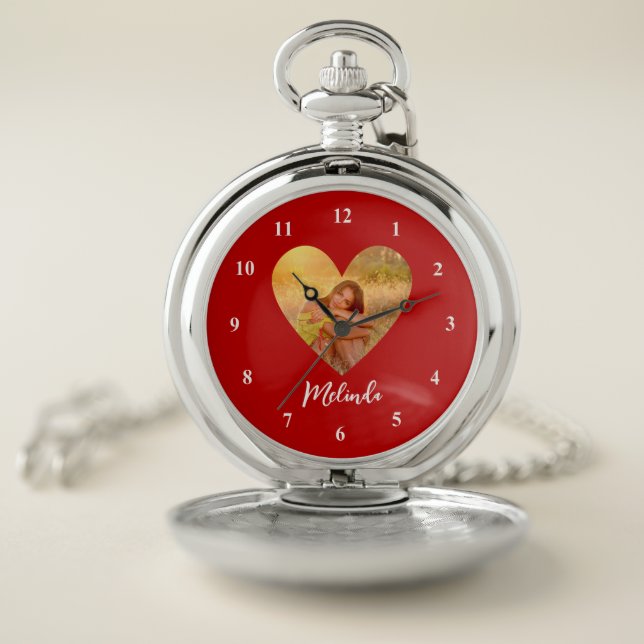 Own Photo Red Heart Frame Modern Calligraphy Pocket Watch (Inside)
