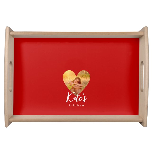 Own Photo Red Heart Frame Modern Calligraphy Serving Tray (Front)
