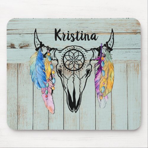 Ox Skull Sketch and Watercolor Feathers Beads  Mouse Pad