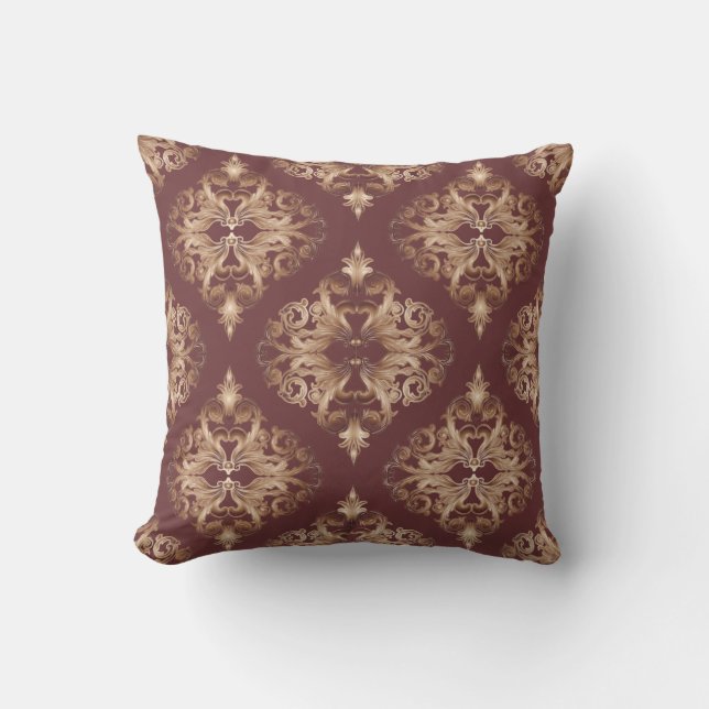 Oxblood and Copper Deluxe Damask Throw Pillow (Front)