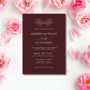 Oxblood White Holly Tree Leaves Clean Wedding Invitation