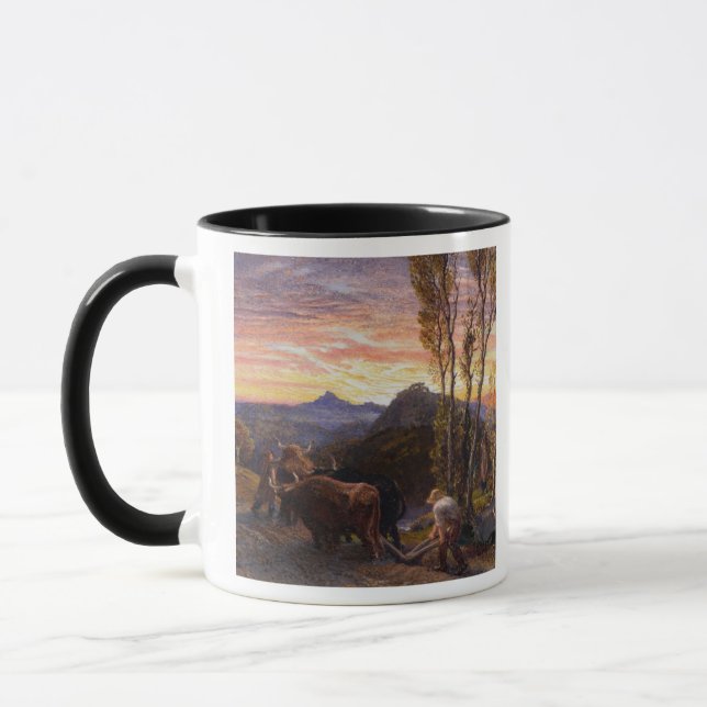 Oxen Ploughing at Sunset (w/c on paper) Mug (Left)