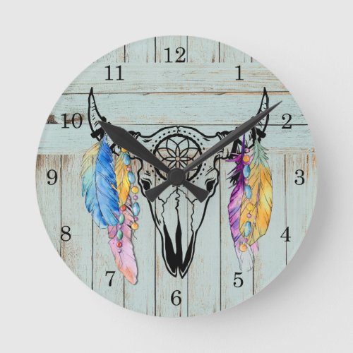 Oxen Skull Sketch Feathers Beads Monogrammed   Round Clock