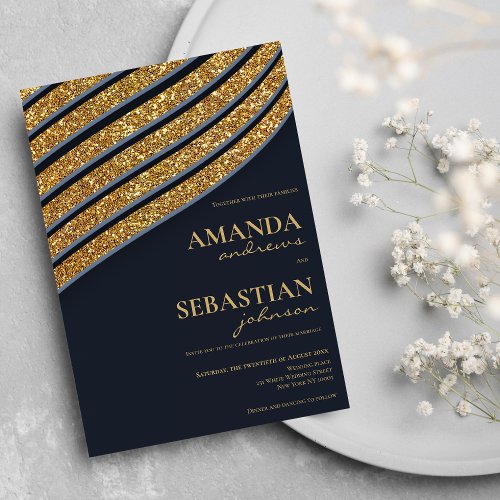 Oxford blue gold glitter geometrical typo wedding  invitation