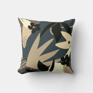 Oxford Blue Tan & Black Artistic Abstract Leaves Throw Pillow