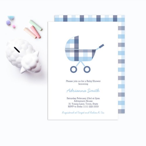 Oxford Check Buggy Boy Baby Shower Party Invitation