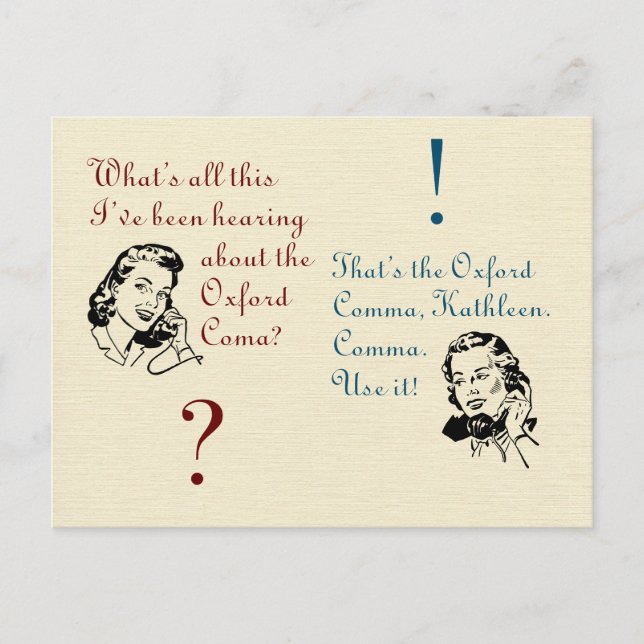 Oxford Comma Not Coma with Retro Ladies Postcard (Front)