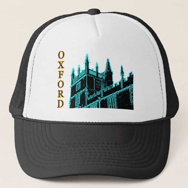 Oxford England 1986 Building Spirals Cyan Trucker Hat (Front)