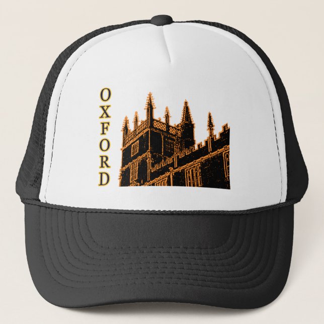 Oxford England 1986 Building Spirals Orange Trucker Hat (Front)