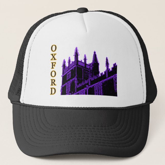 Oxford England 1986 Building Spirals Purple Trucker Hat (Front)