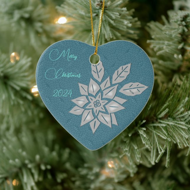 Oxford Teal and Silver Poinsettia Ceramic Ornament (Tree)