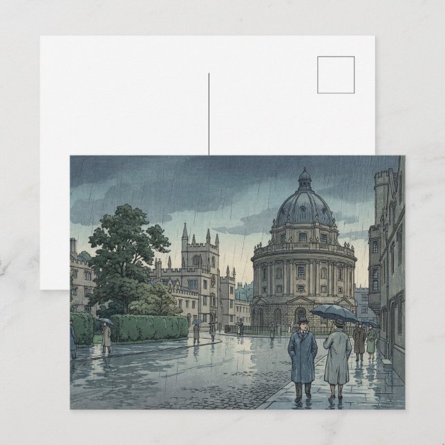 Oxford University in Rain Japanese Woodblock Print Postcard (Front/Back)