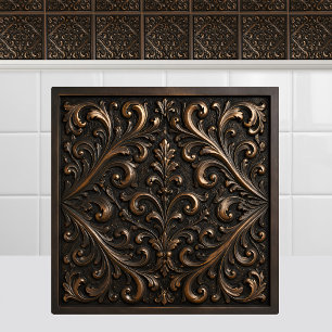 Oxidized Metal Cast Bronze Renaissance Foliage Ceramic Tile