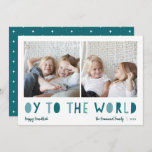 Oy to the World | 2 Photo Hanukkah Holiday Card<br><div class="desc">Whimsical Hanukkah photo card features two of your favorite family photos in a square format aligned side by side. "Oy to the World" appears beneath in blue and green cutout lettering. Personalize with your family name or names, custom greeting, and the year along the bottom. A funny and modern Hanukkah...</div>