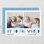 Oy to the World | 2 Photo Hanukkah Holiday Card<br><div class="desc">Whimsical Hanukkah photo card features two of your favorite family photos in a square format aligned side by side. "Oy to the World" appears beneath in blue cutout lettering. Personalize with your family name or names, custom greeting, and the year along the bottom. A funny and modern Hanukkah card designed...</div>